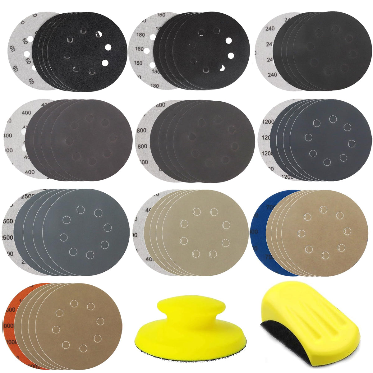 CKFCXC 50-piece sanding discs for 8-hole 5-inch pads, versatile polishing for metal and wood.