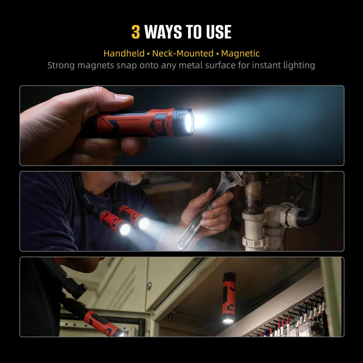 CLAKAP detachable magnetic neck light ready to attach to metal surface.