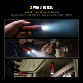 CLAKAP detachable magnetic neck light ready to attach to metal surface.