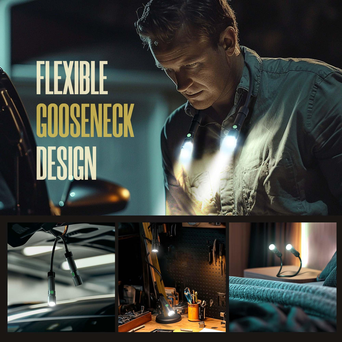 CLAKAP LED Neck Light with dual heads extended, offering wide beam coverage for mechanics.