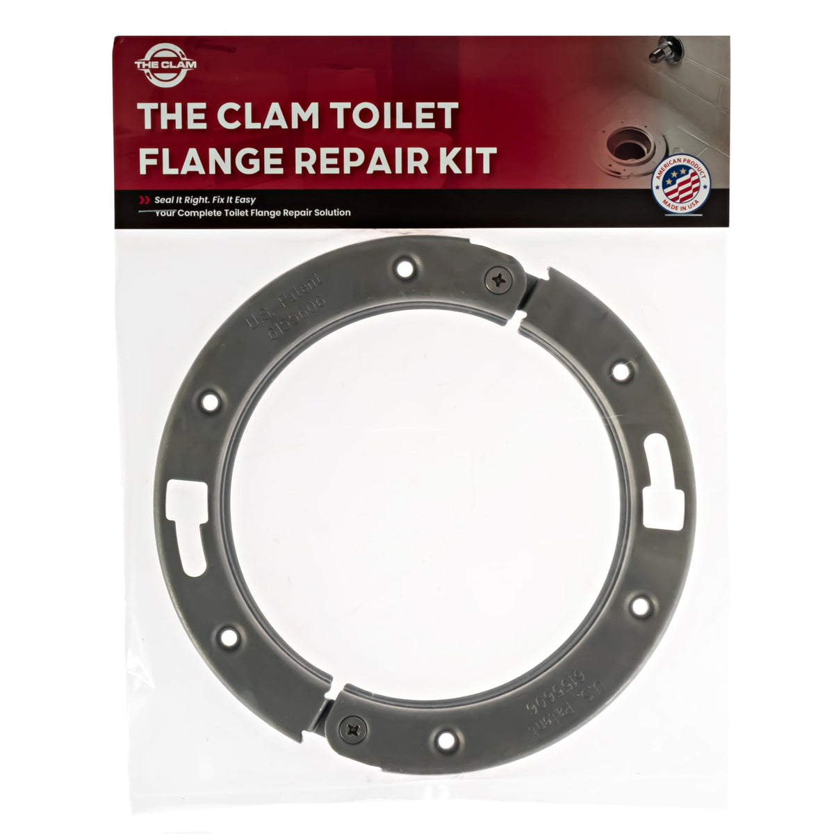 Clam flange repair ring compatible with 1/4-inch and 5/16-inch closet bolts for versatile installation.