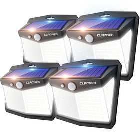 CLAONER 128 LED 4-pack solar lights front view enhances fence visibility at night.