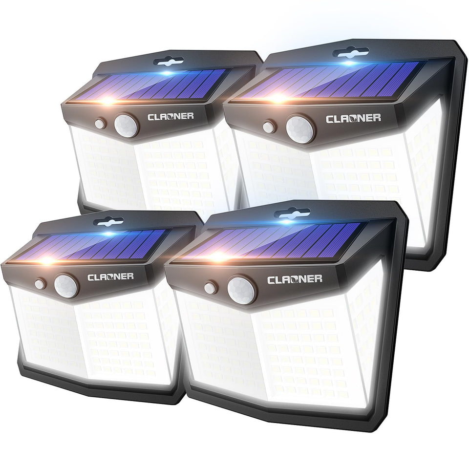 CLAONER 128 LED 4-pack solar lights front view enhances fence visibility at night.