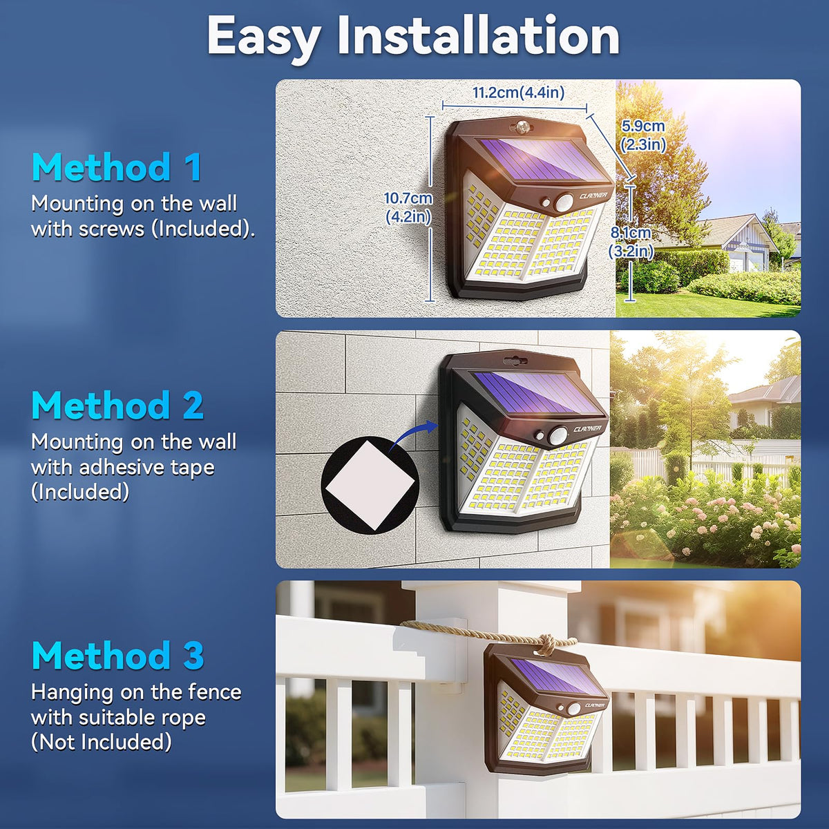CLAONER easy-installation solar lights mount with screws or double-sided tape.