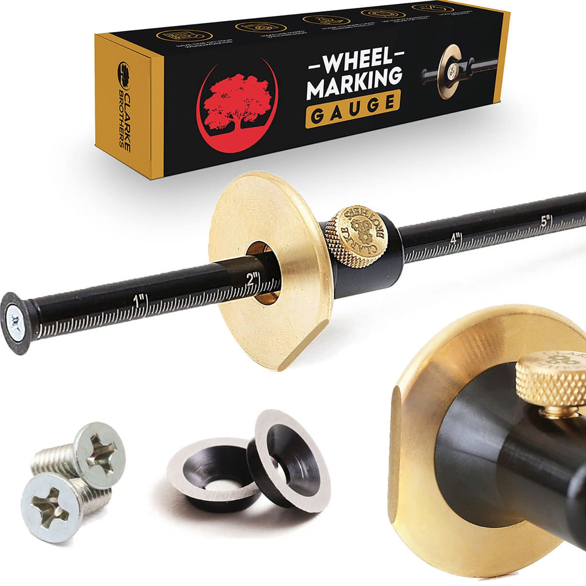 Clarke Brothers wheel marking gauge on a workbench showing precise parallel layout lines
