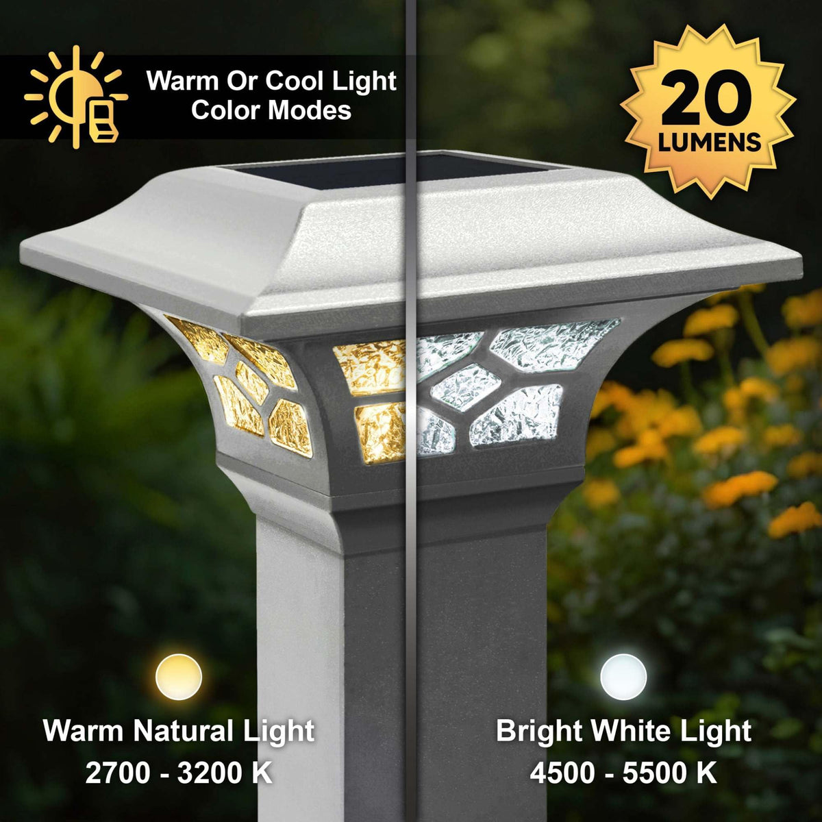 Cast aluminum frame provides durability and timeless style for Kingston solar post caps.