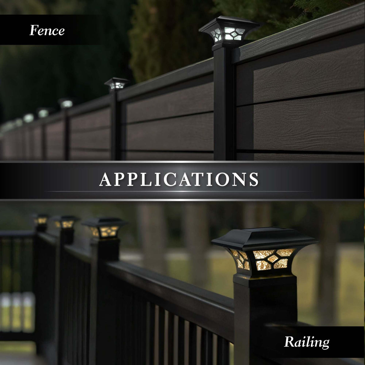 Real glass lens on Kingston cap adds decorative glow to outdoor railings.