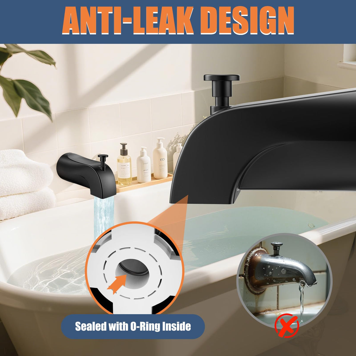 Claywie tub spout with optimized flow for faster tub filling.