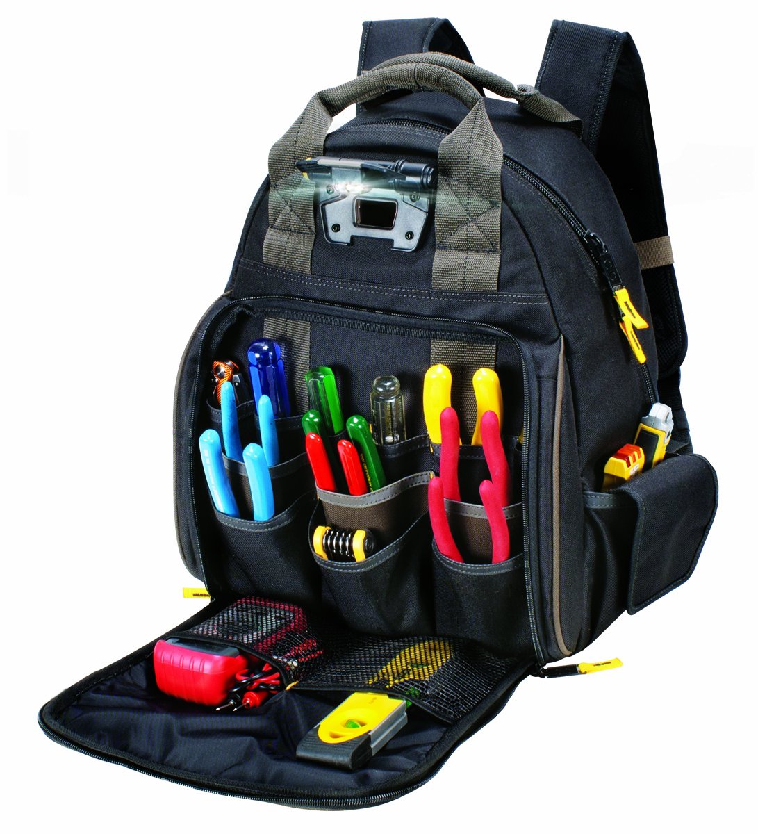 Custom Leathercraft L255 Tech Gear backpack with LED light for organized tool access.