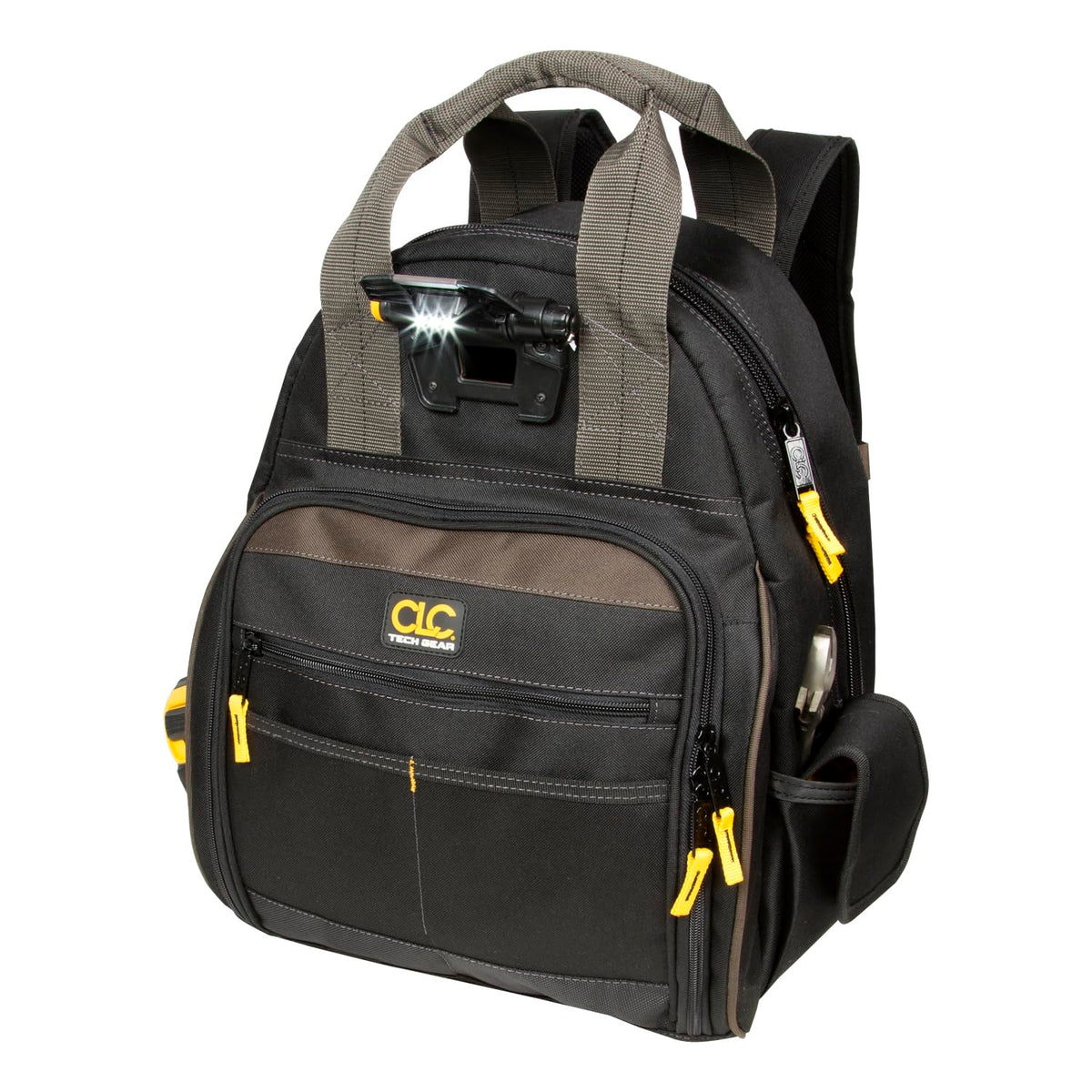 Custom Leathercraft L255 backpack shows built-in LED lighting in action for dim spaces.