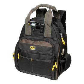 Custom Leathercraft L255 backpack shows built-in LED lighting in action for dim spaces.
