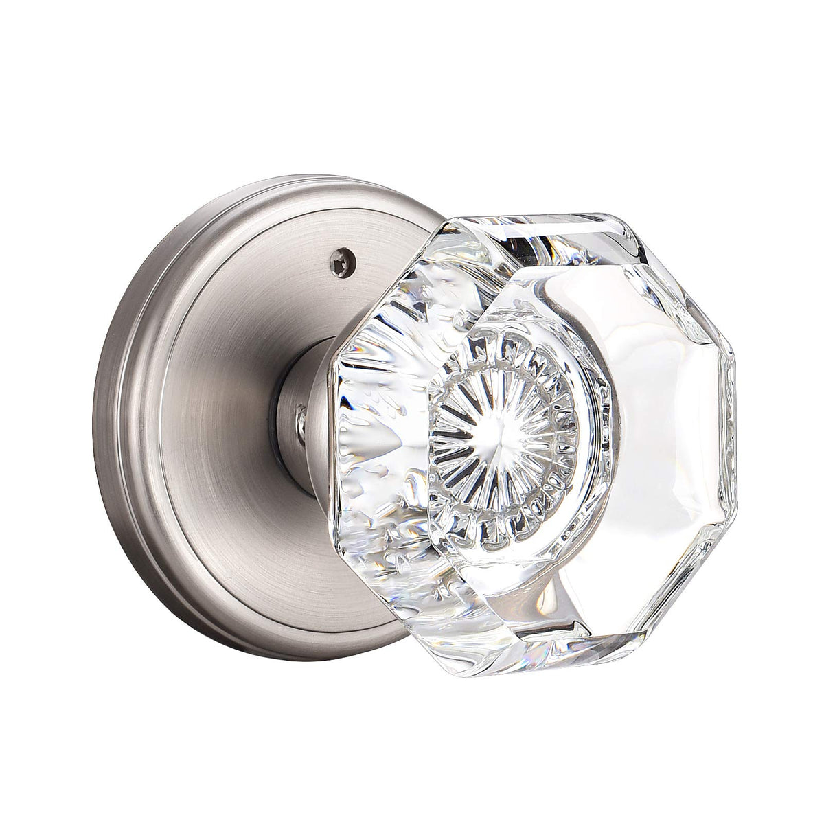 CLCTK crystal glass door knob with privacy lock, satin nickel, interior use