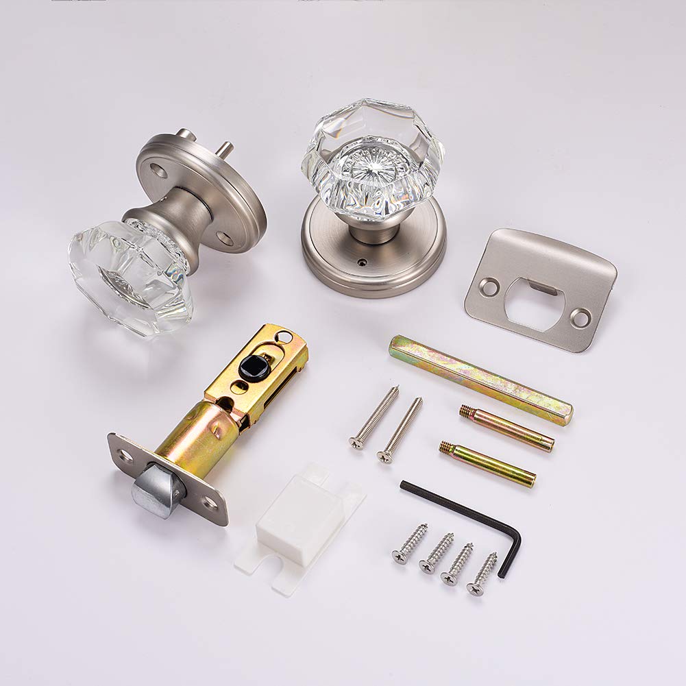 Interior door knob hardware in satin nickel for bedroom privacy