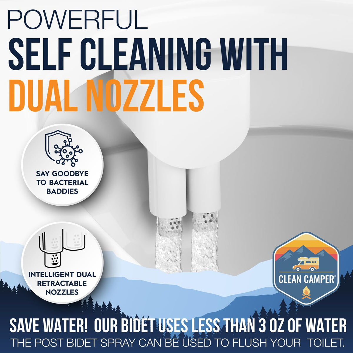 Clean Camper adjustable water pressure supports gentle or strong cleaning