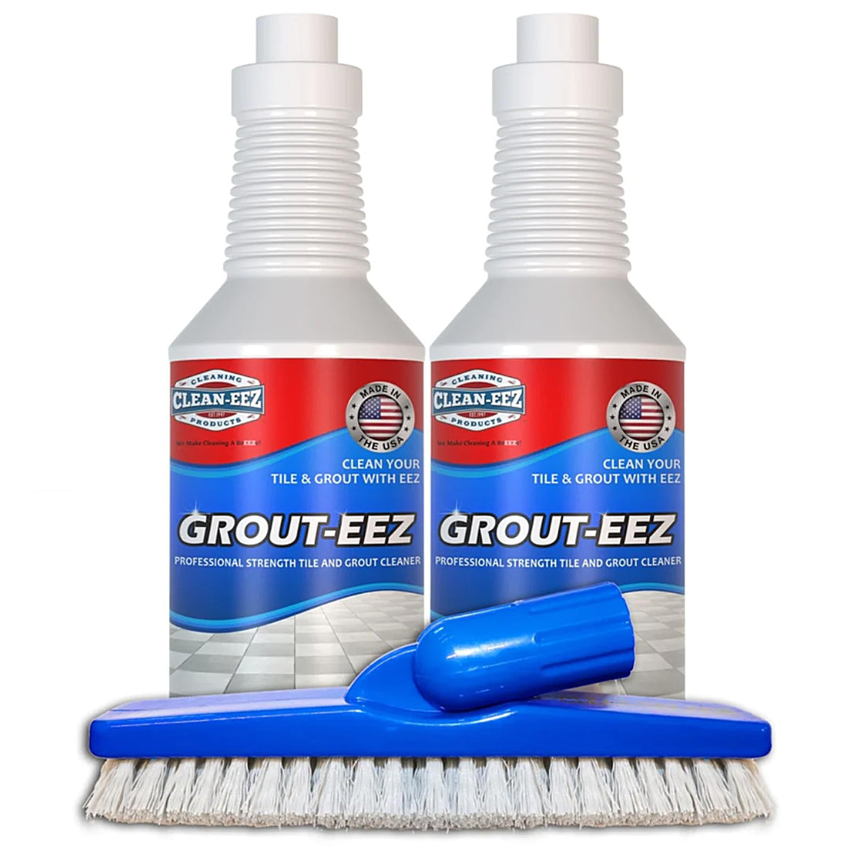 Clean-eez Grout Cleaner stand-up brush attachment in action for deep grout cleaning.