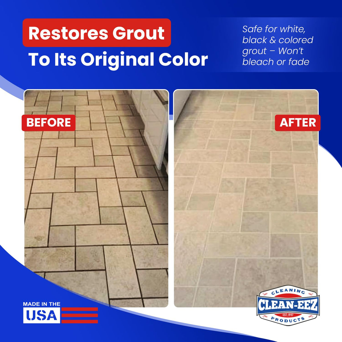 Clean-eez Grout-eez before-after tiles highlights dramatic grout brightening.