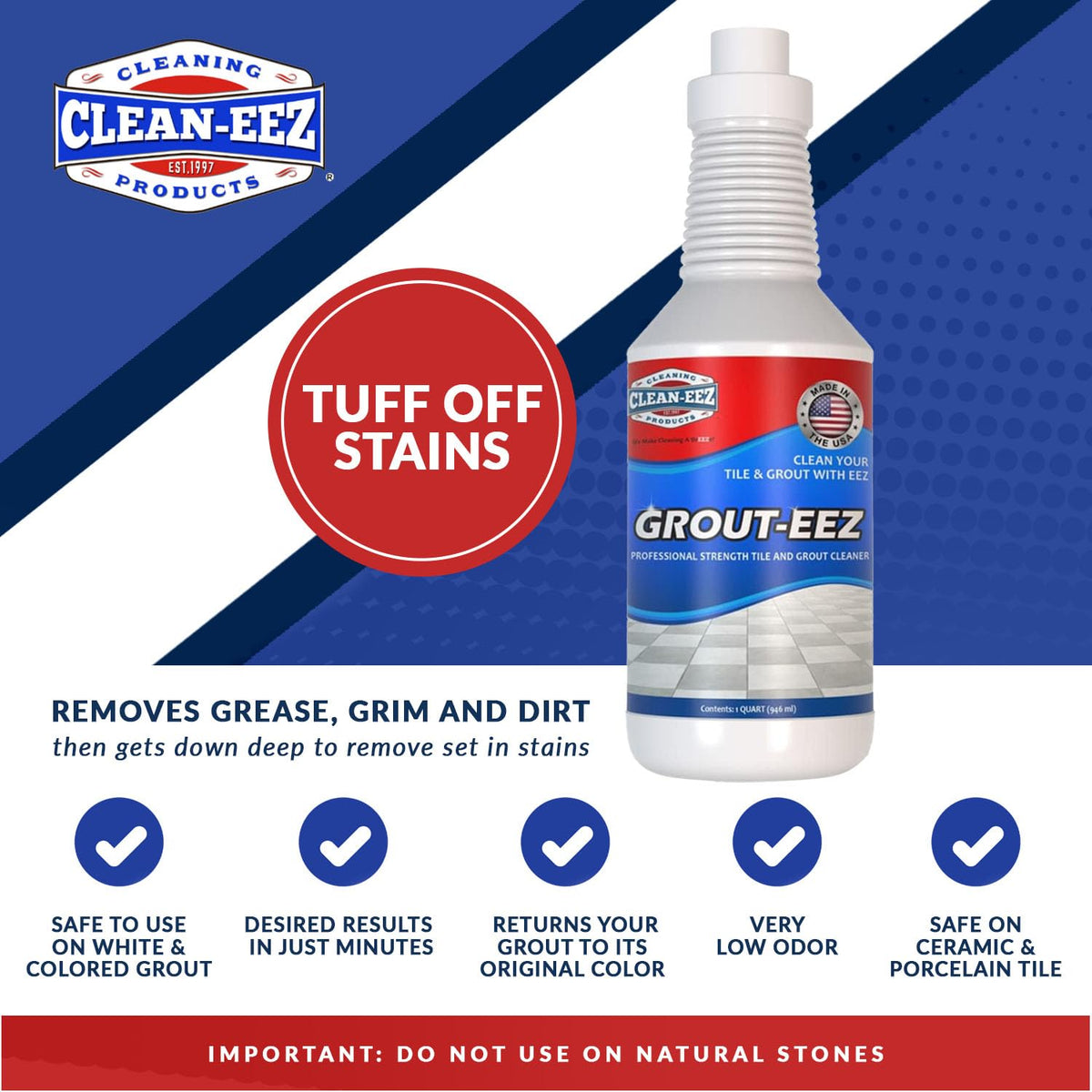 Clean-eez Grout-eez durable shine finish leaves tiles looking refreshed.