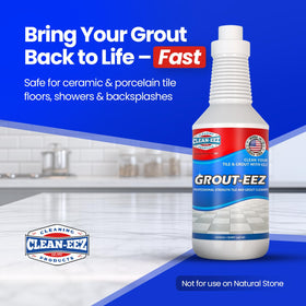 Clean-eez Grout-eez applying foam action shows fast stain lifting on grout lines.