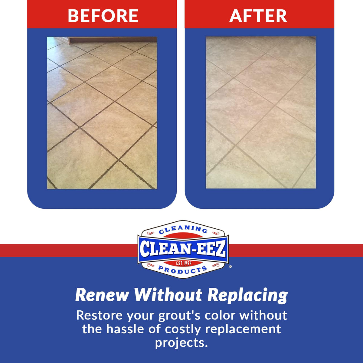 Porcelain grout stain removal with Clean-eez Grout-eez close up