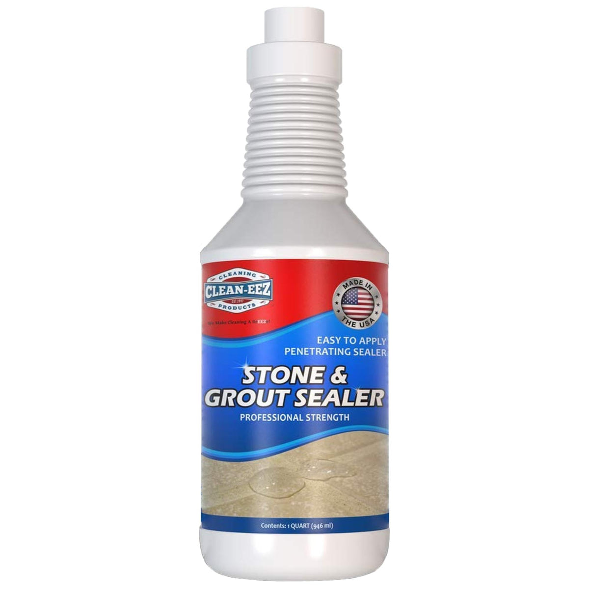 Clean-eez Grout Sealer bottle front guarding grout against stains.