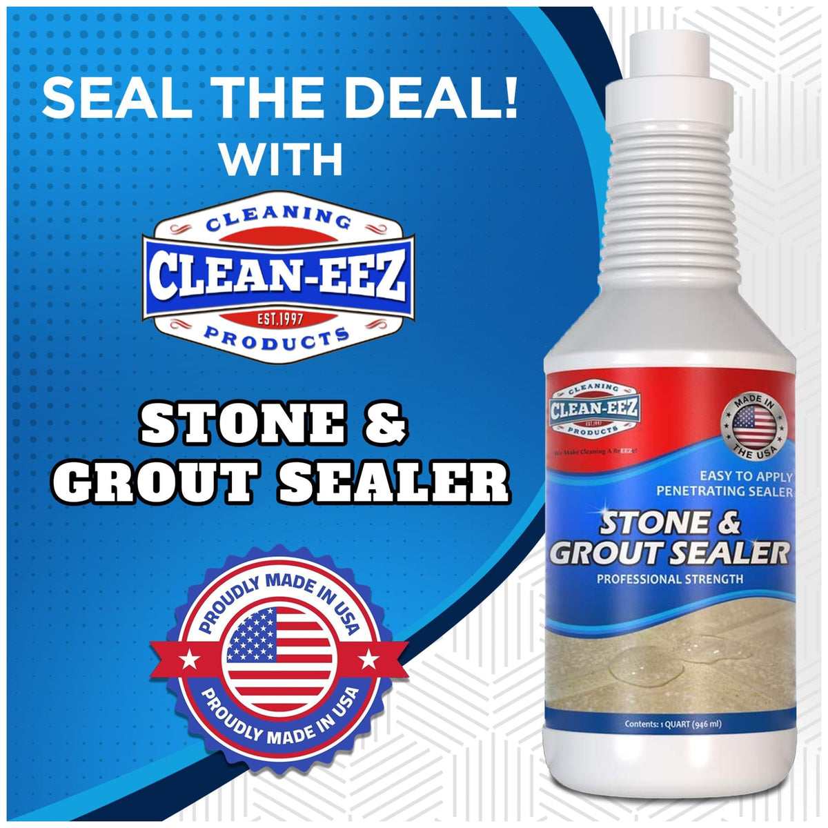 Clean-eez Grout Sealer label closeup highlighting stone-safe formula.