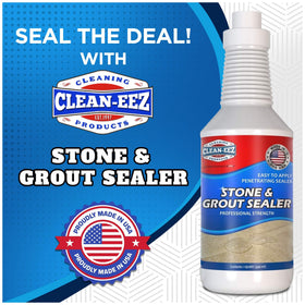 Clean-eez Grout Sealer label closeup highlighting stone-safe formula.