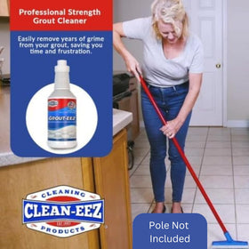 Clean-eez grout cleaner demonstrates 2-in-1 cleaning for tile and grout surfaces.