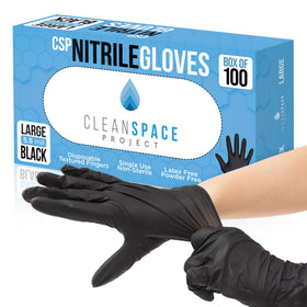 Clean Space Project black nitrile gloves in a box, ideal for cooking prep and cleaning.