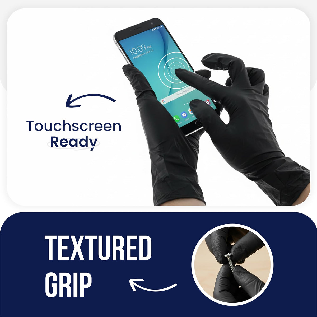 CSP Black nitrile gloves shown as latex-free for sensitive skin