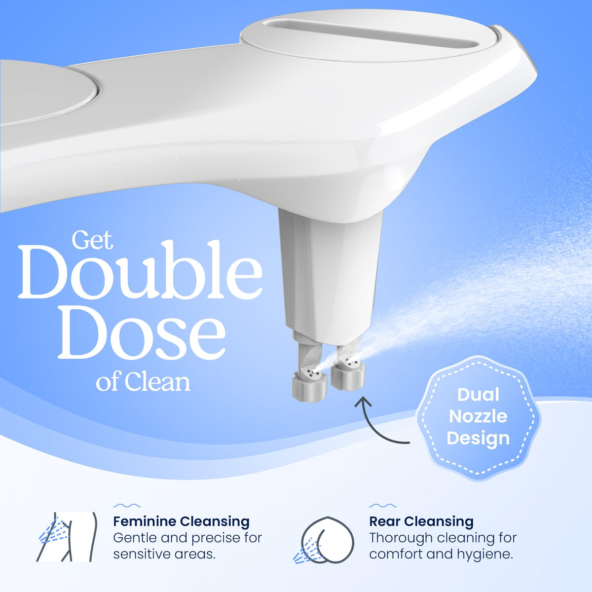 Clear Rear bidet features self-cleaning nozzles for hygienic use after each wash.