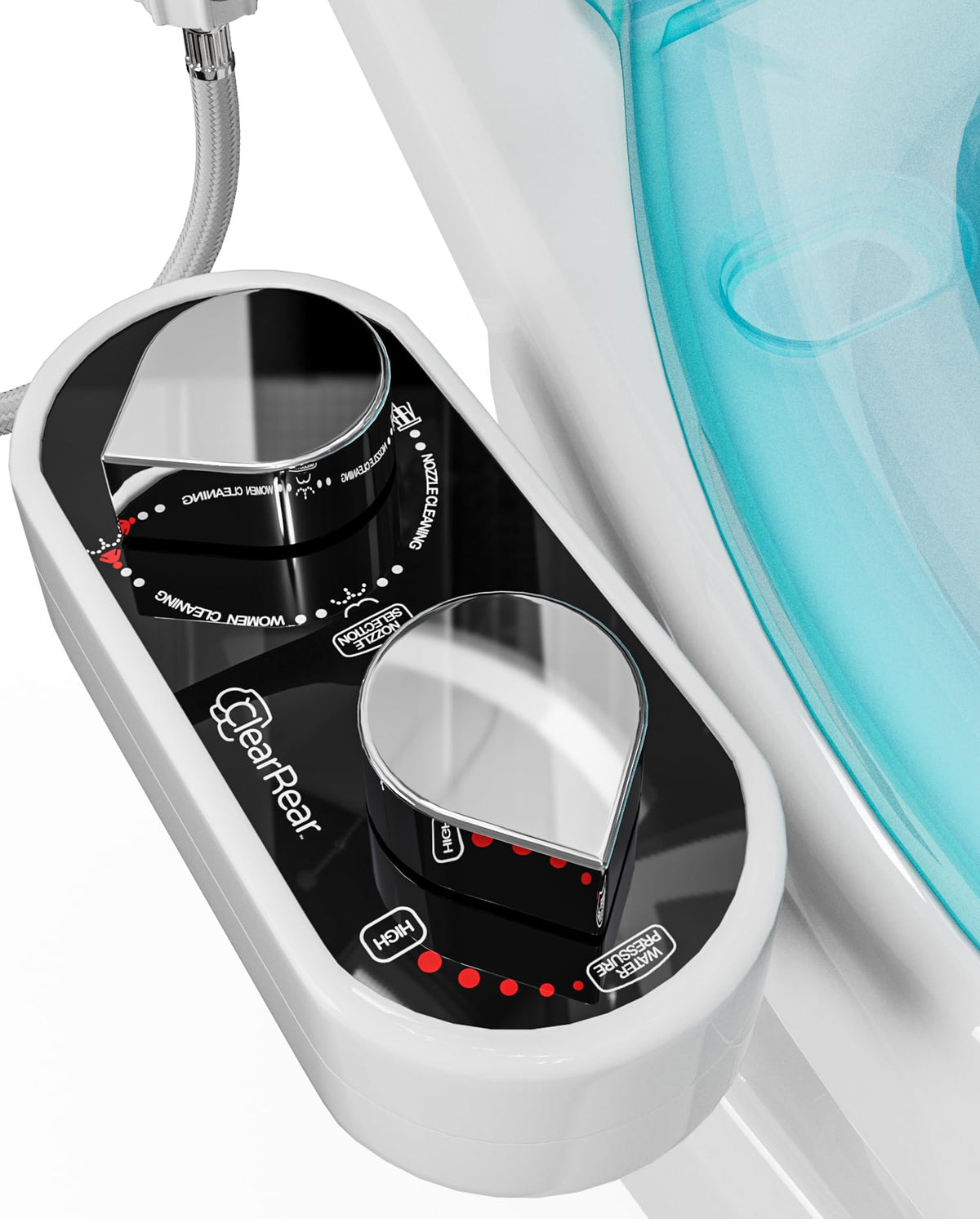 Clear Rear bidet attaches under the seat with a slim profile for easy upgrades.