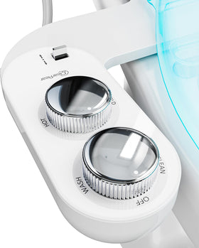CLEAR REAR bidet attachment installed under the toilet seat for quick upgrade.