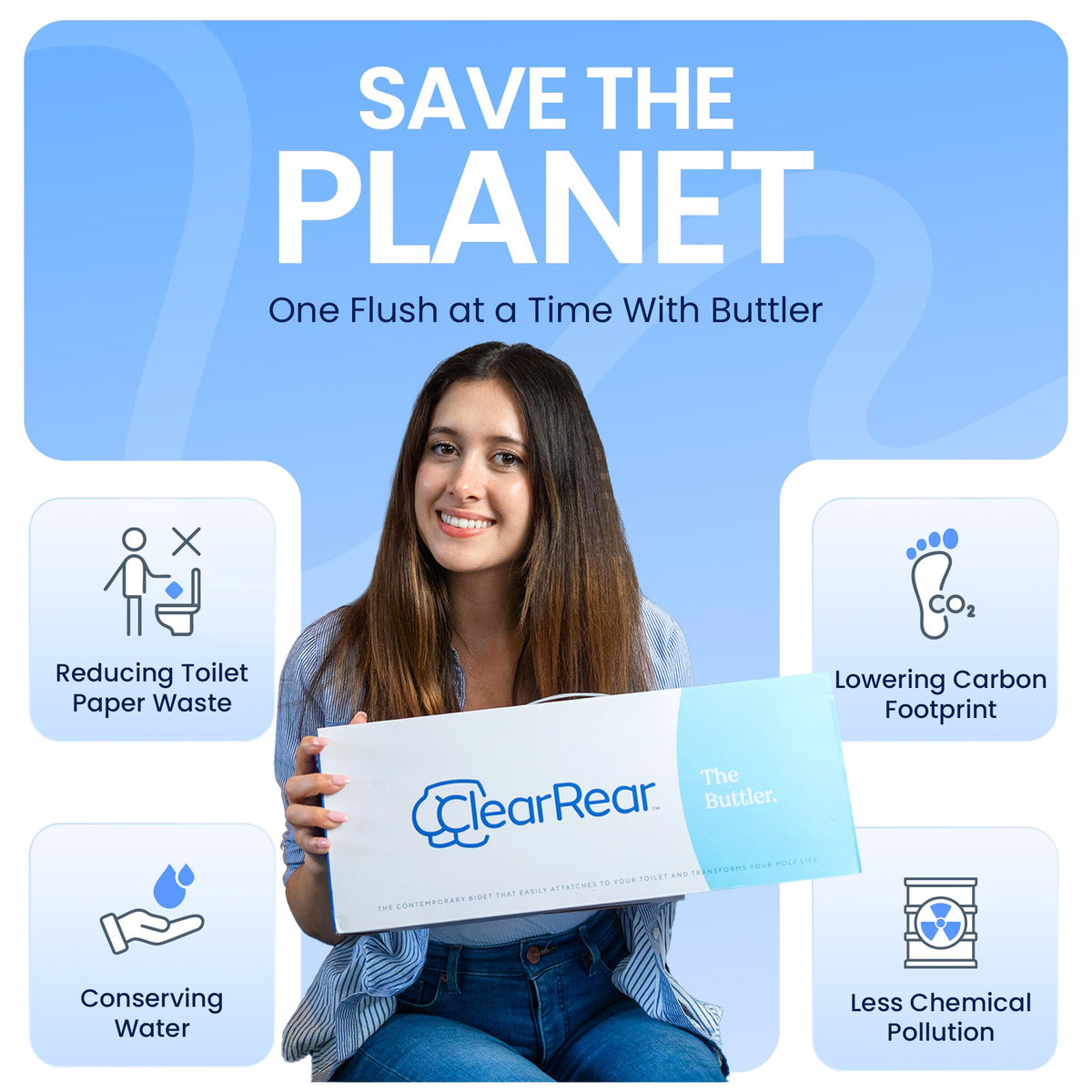 CLEAR REAR eco-friendly upgrade reduces toilet paper waste and costs
