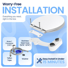 CLEAR REAR bidet attachment shows tool-free installation for quick upgrades