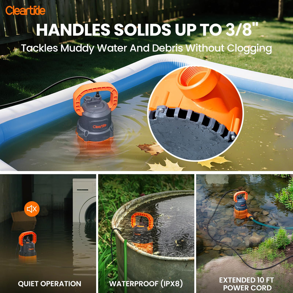 Cleartide 10 ft cord and ergonomic handle simplify placement and transport.