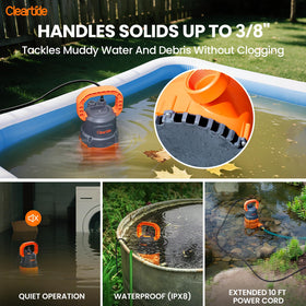 Cleartide 10 ft cord and ergonomic handle simplify placement and transport.