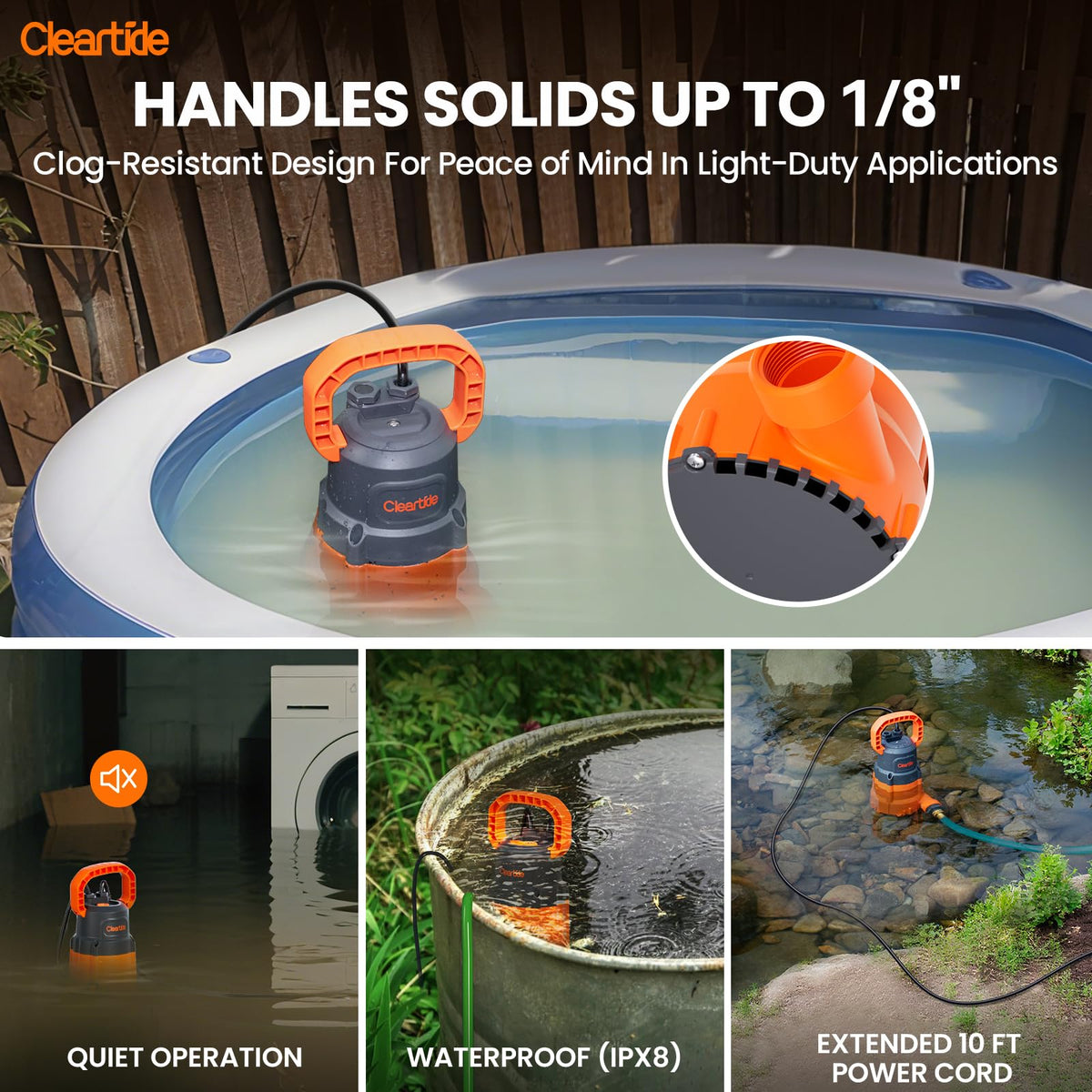 Debris handling up to 1/8 inch prevents clogs during muddy drainage