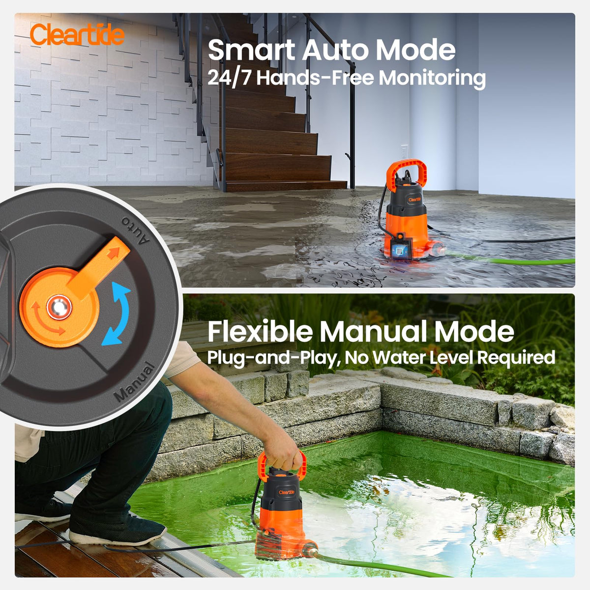 Cleartide pump in action illustrating 30-foot lift for versatile draining.