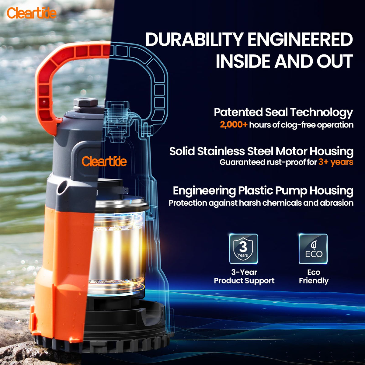 Cleartide stainless steel housing provides durable protection in wet conditions.