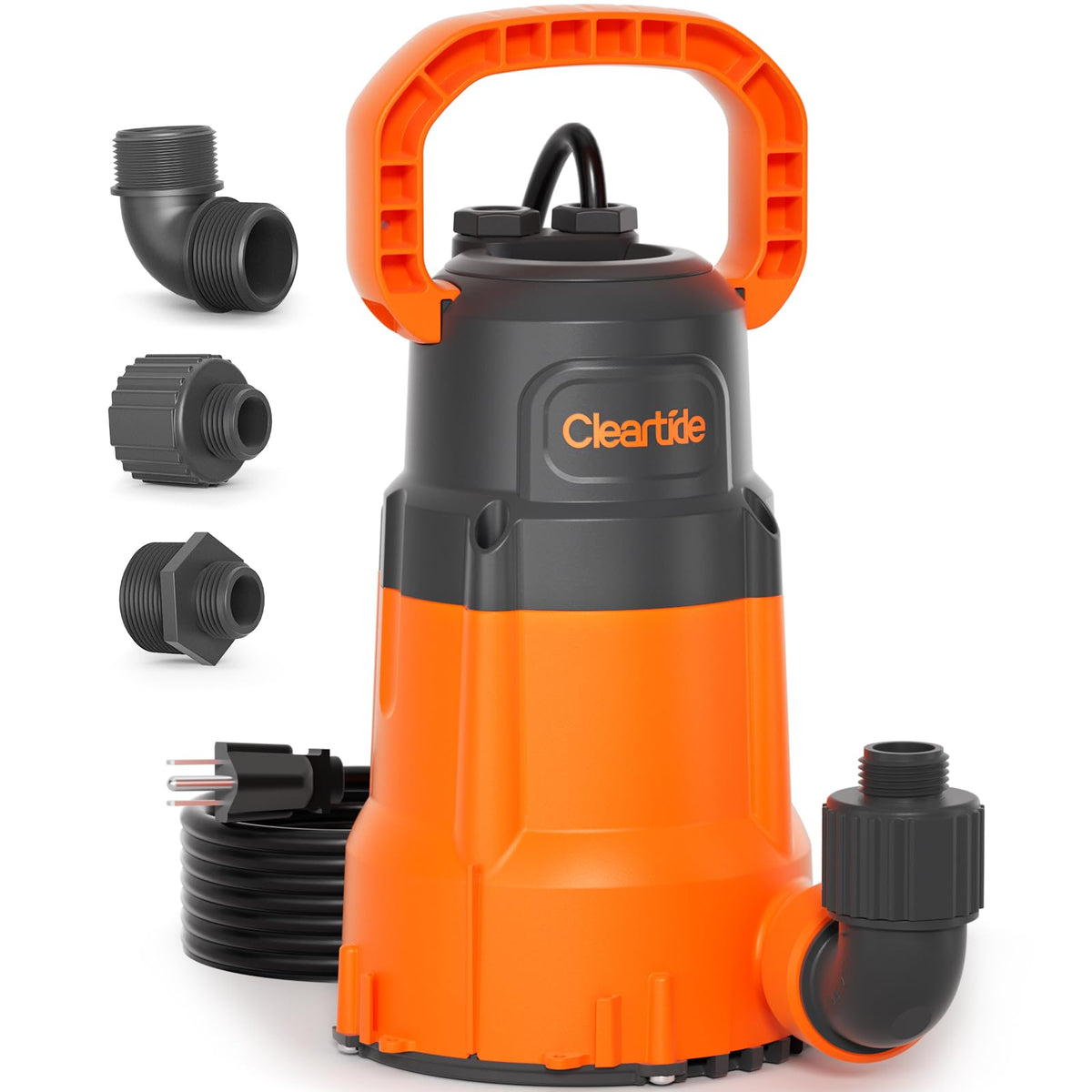 Cleartide submersible water pump front view, portable and easy to reposition