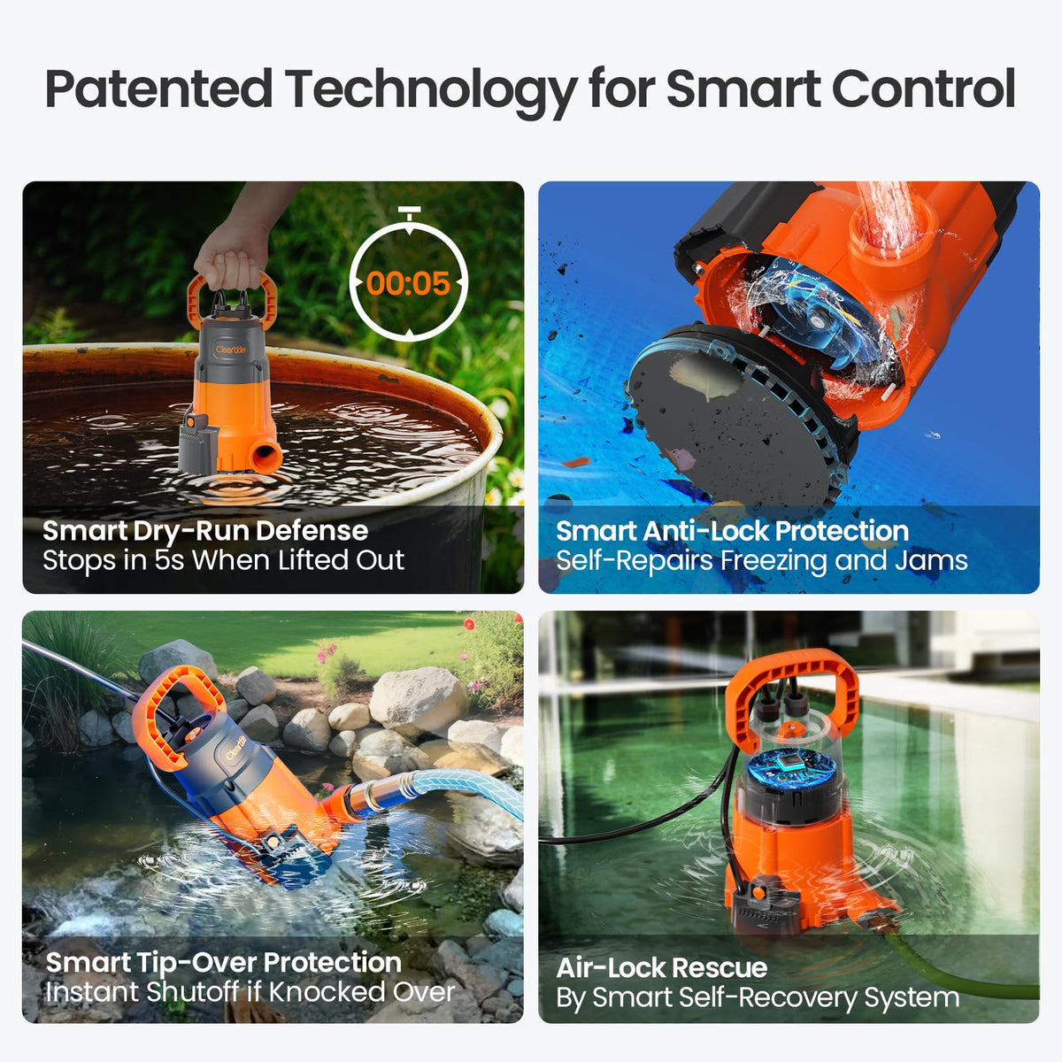 Cleartide thermoplastic housing emphasizes durable, corrosion-resistant construction for outdoor use.