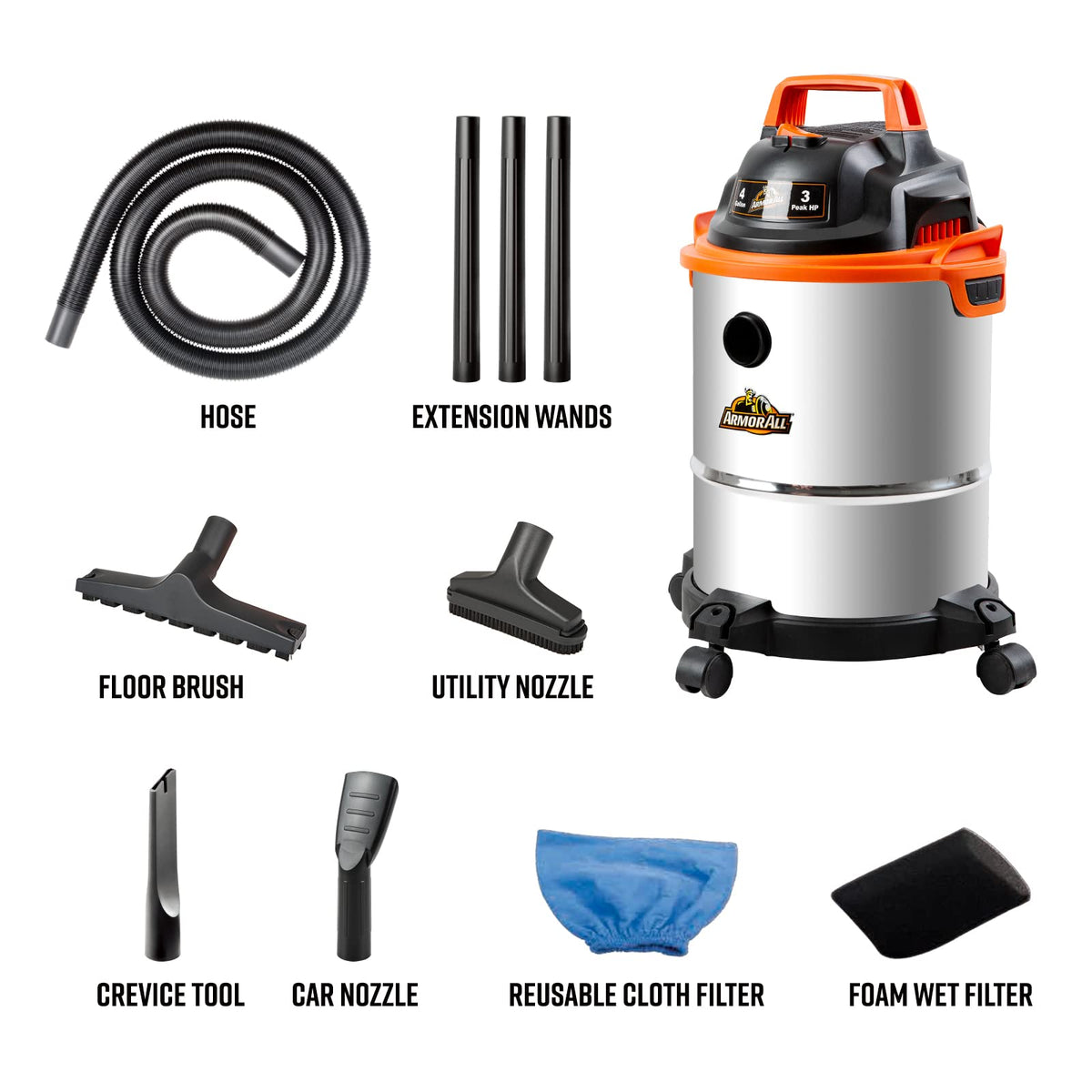 Cleva VO408S 3-peak HP motor close-up; strong suction for wet and dry messes.