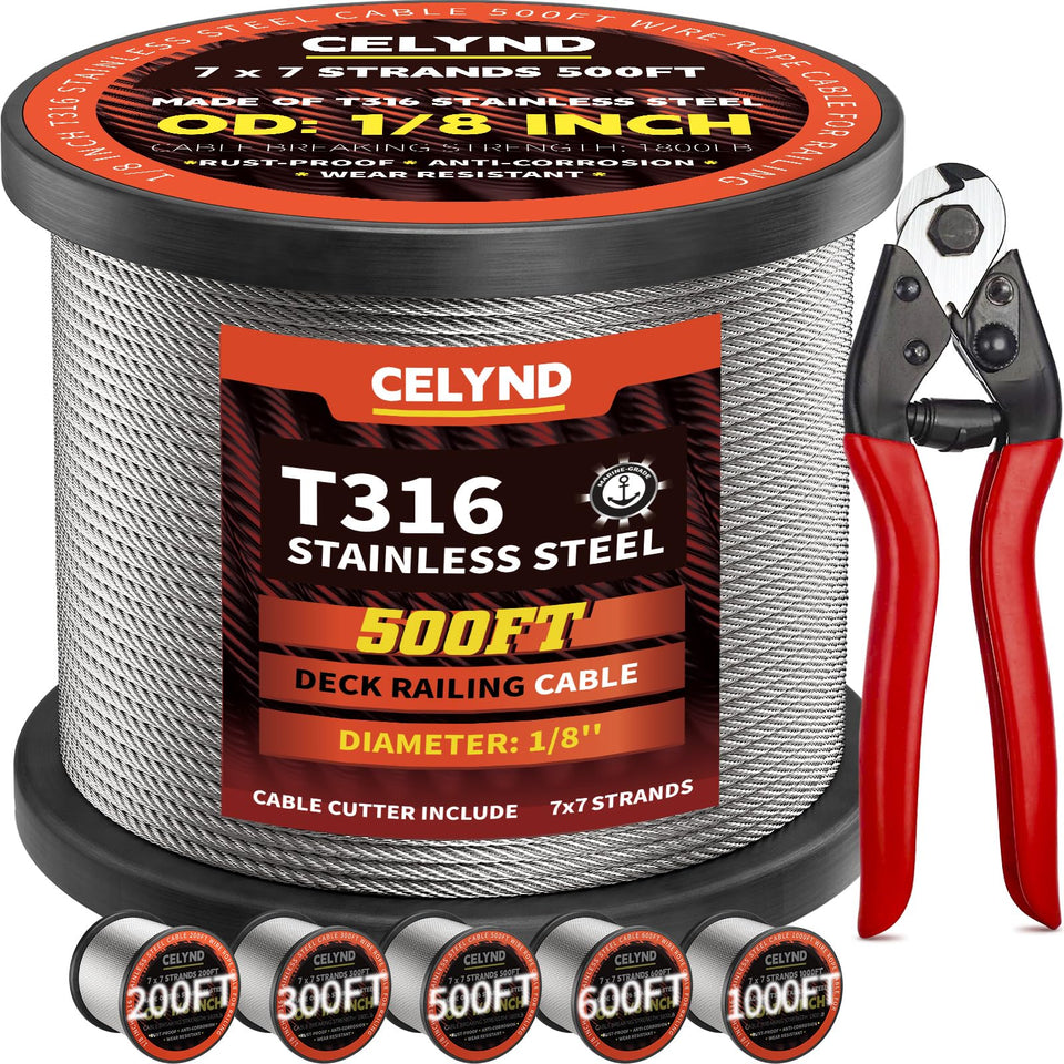 CELYND stainless steel cable spool 500ft 1/8in ideal for durable deck railing installations.