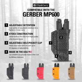 Clip & Carry sheath holds Gerber MP600 for fast, controlled draws