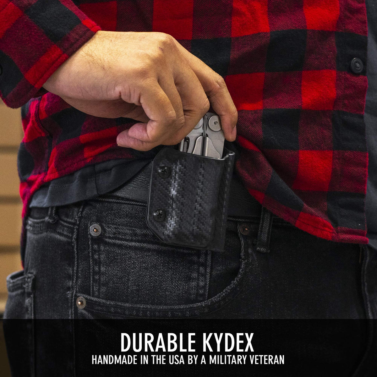 Clip & Carry Leatherman Wave Kydex sheath back view with a slim belt-friendly profile.
