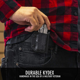 Clip & Carry Leatherman Wave Kydex sheath back view with a slim belt-friendly profile.