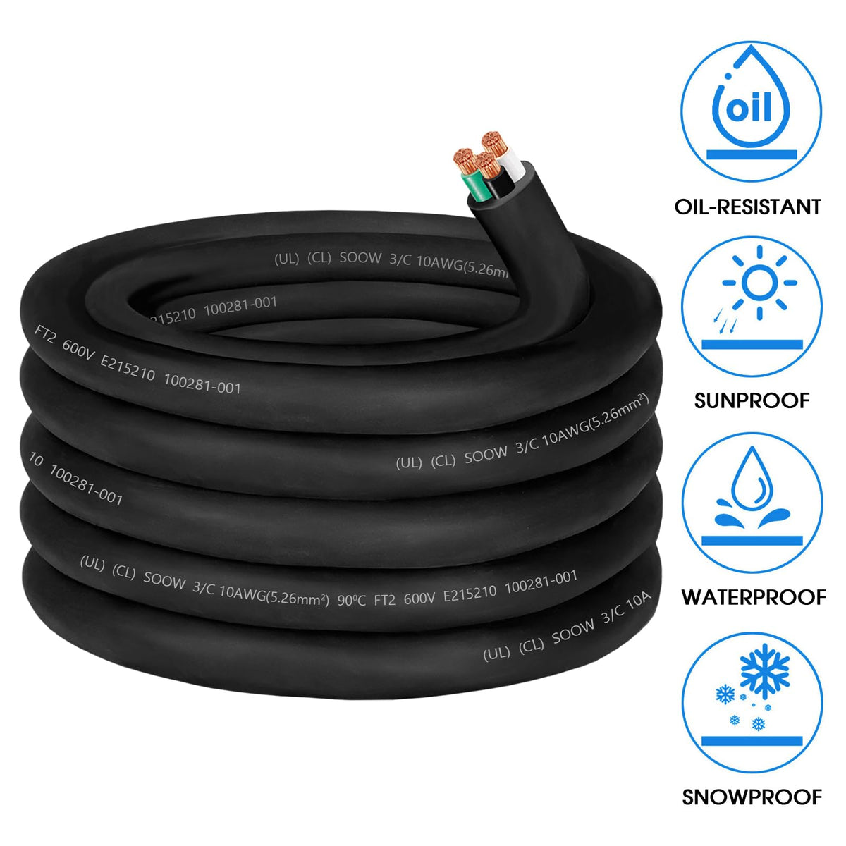 CLLOMAGY 3-conductor SOOW cord suitable for portable lighting and equipment.