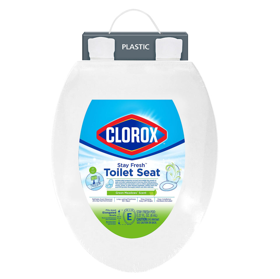 Clorox elongated scented toilet seat with easy-off hinges for quick, thorough cleaning.