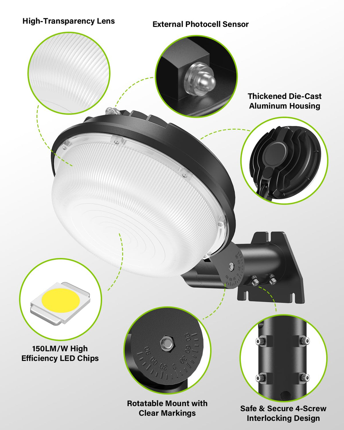 CloudError 150W LED Barn Light mounts on walls or poles for flexible setup.