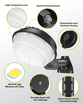 CloudError 150W LED Barn Light mounts on walls or poles for flexible setup.